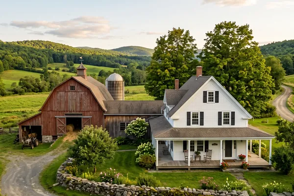 A white farmhouse with a front porch next to a red barn and silo, with a stone wall, a dirt road, and green hills behind.