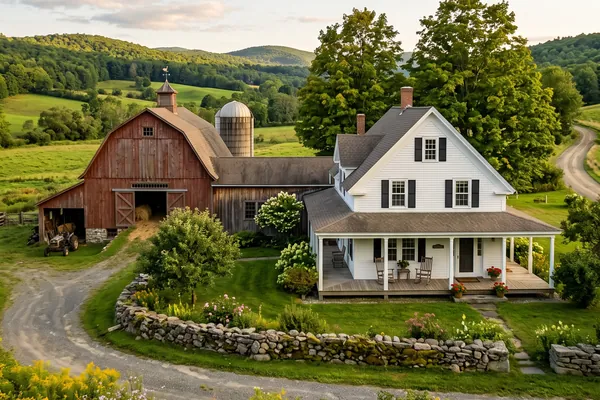 A white farmhouse with black shutters and a wide porch beside a red barn and silo, with a stone wall and gravel drive in the foreground.