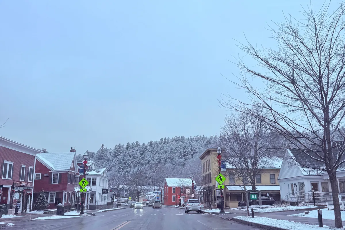Main Street in Stowe village after a light snow